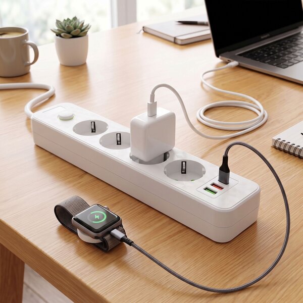 Toolight Toollight, JNH021-4A, elosztósáv 4 aljzat + 2× USB-A + USB-C, 1,8 m, fehér, OSW-56201