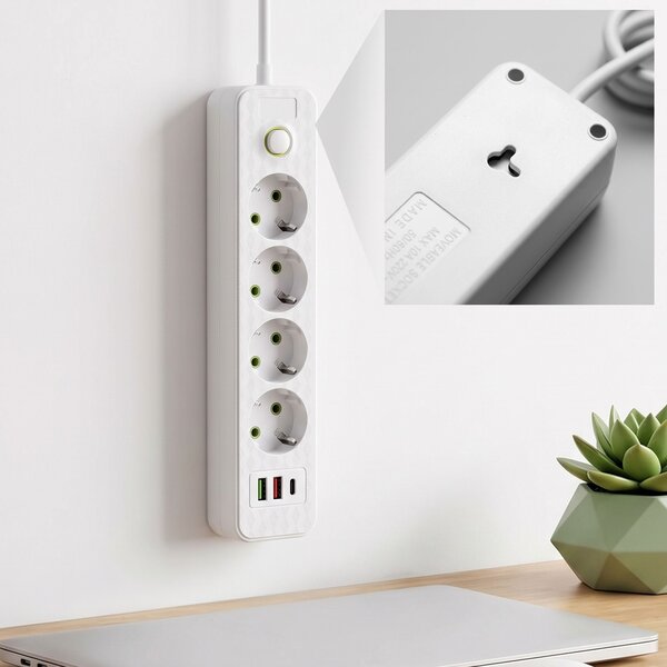 Toolight Toollight, JNH021-4A, elosztósáv 4 aljzat + 2× USB-A + USB-C, 1,8 m, fehér, OSW-56201
