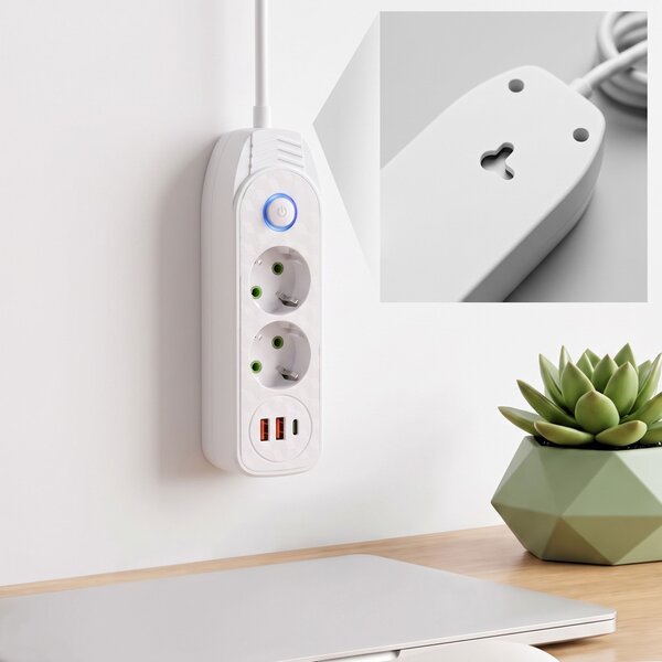 Toolight Toollight, JNH023, elosztósáv 2 aljzat + 2× USB-A + USB-C, 1,8 m, fehér, OSW-56205