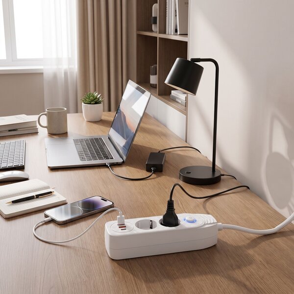 Toolight Toollight, JNH023, elosztósáv 2 aljzat + 2× USB-A + USB-C, 1,8 m, fehér, OSW-56205