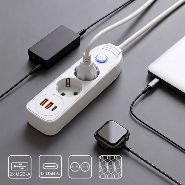 Toolight Toollight, JNH023, elosztósáv 2 aljzat + 2× USB-A + USB-C, 1,8 m, fehér, OSW-56205