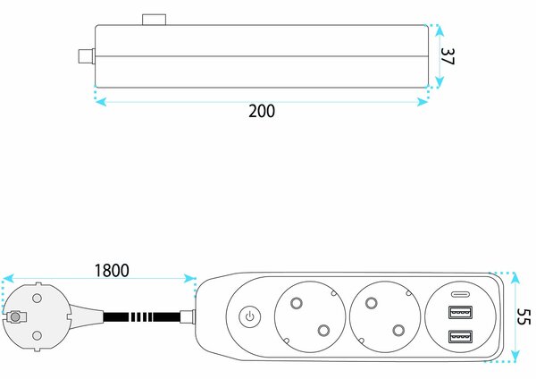 Toolight Toollight, JNH023, elosztósáv 2 aljzat + 2× USB-A + USB-C, 1,8 m, fehér, OSW-56205