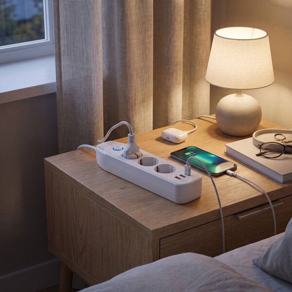 Toolight Toollight, JNH024-3B, elosztósáv 3 aljzat + 2× USB-A + USB-C, 1,8 m, fehér, OSW-56207