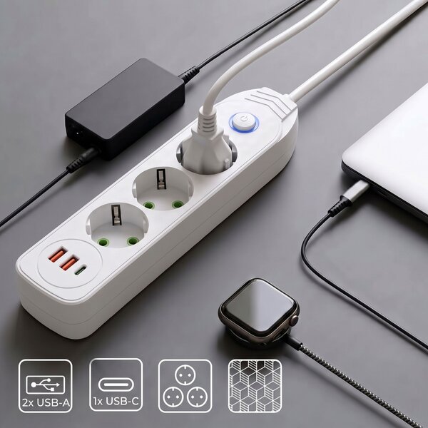 Toolight Toollight, JNH024-3B, elosztósáv 3 aljzat + 2× USB-A + USB-C, 1,8 m, fehér, OSW-56207