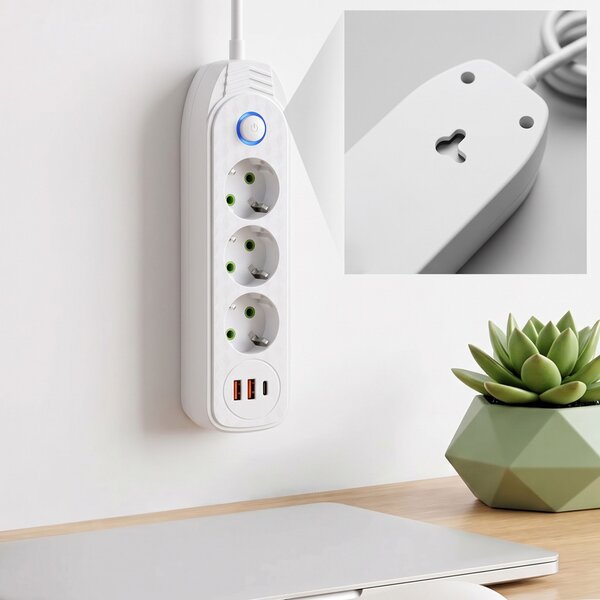 Toolight Toollight, JNH024-3B, elosztósáv 3 aljzat + 2× USB-A + USB-C, 1,8 m, fehér, OSW-56207