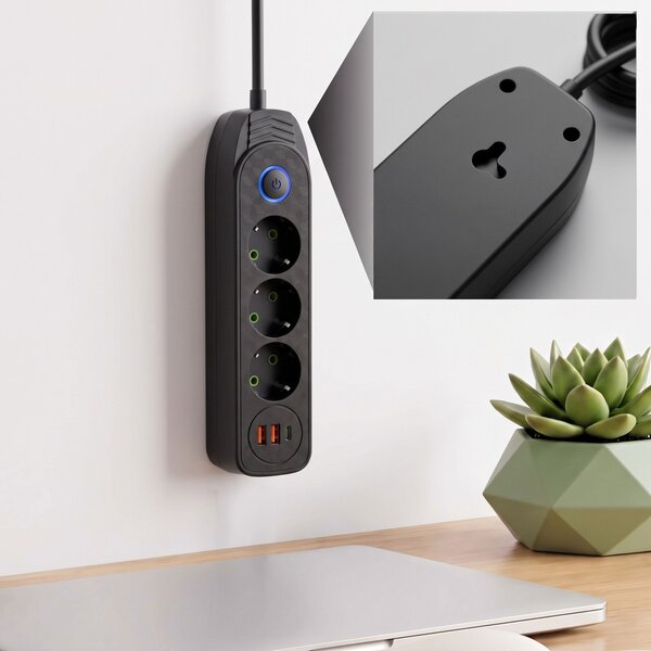 Toolight Toollight, JNH024-3B, elosztósáv 3 aljzat + 2× USB-A + USB-C, 1,8 m, fekete, OSW-56206