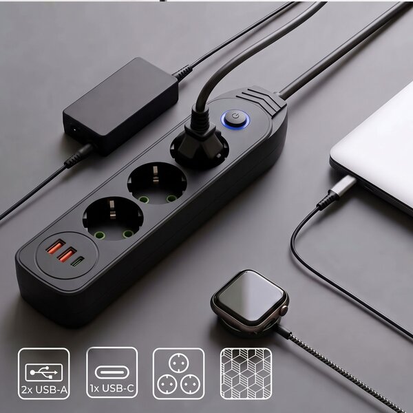Toolight Toollight, JNH024-3B, elosztósáv 3 aljzat + 2× USB-A + USB-C, 1,8 m, fekete, OSW-56206