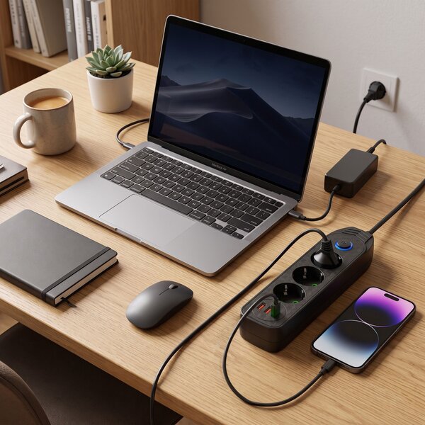 Toolight Toollight, JNH024-3B, elosztósáv 3 aljzat + 2× USB-A + USB-C, 1,8 m, fekete, OSW-56206