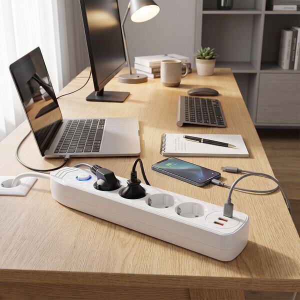 Toolight Toollight, JNH025-4B, elosztósáv 4 aljzat + 2× USB-A + USB-C, 1,8 m, fehér, OSW-56209