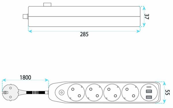 Toolight Toollight, JNH025-4B, elosztósáv 4 aljzat + 2× USB-A + USB-C, 1,8 m, fehér, OSW-56209