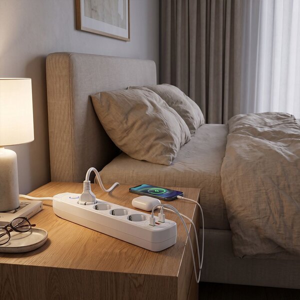Toolight Toollight, JNH025-4B, elosztósáv 4 aljzat + 2× USB-A + USB-C, 1,8 m, fehér, OSW-56209