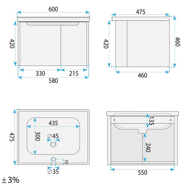 Fürdőszobaszekrény mosdókagylóval Rea Rivo DB86-60L-3 Light 60cm