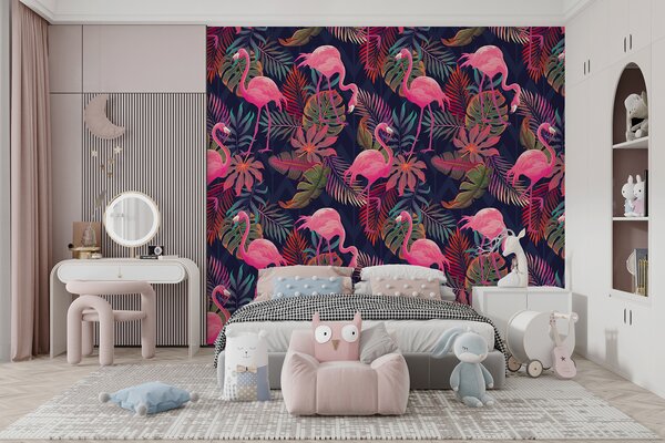 Fotótapéta Rózsaszín flamingók és levelek mintája, Állatos fotótapéta, Népszerű fotótapéta, u73089 - Tapeko.hu