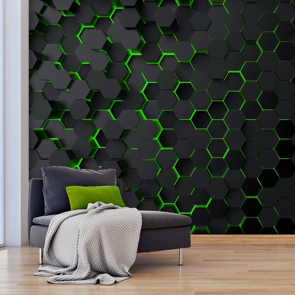 Fotótapéta Egy fekete hatszögek zöld fényekkel, Geometriai 3D fotótapéta, Népszerű fotótapéta, u93618v1 - Tapeko.hu