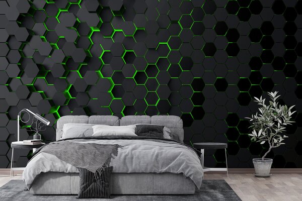 Fotótapéta Egy fekete hatszögek zöld fényekkel, Geometriai 3D fotótapéta, Népszerű fotótapéta, u93618v1 - Tapeko.hu