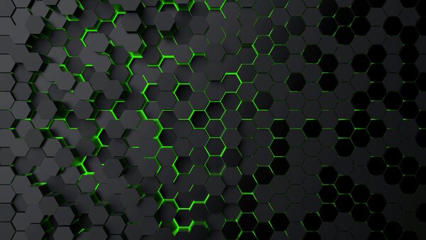 Fotótapéta Egy fekete hatszögek zöld fényekkel, Geometriai 3D fotótapéta, Népszerű fotótapéta, u93618v1 - Tapeko.hu