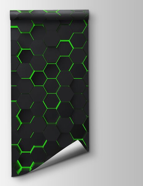 Fotótapéta Egy fekete hatszögek zöld fényekkel, Geometriai 3D fotótapéta, Népszerű fotótapéta, u93618v1 - Tapeko.hu