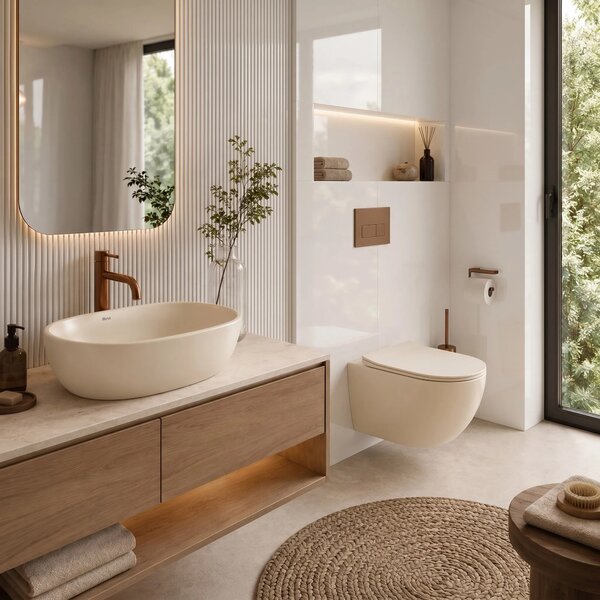 Focus Fali WC Csésze Szett + Pultra Szerelhető Mosdó Rea Focus Creme
