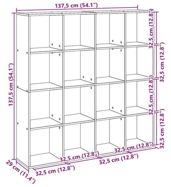 Fa Könyvespolc - 16 Rekesz - Füstös Tölgy - 137,5x29x137,5 cm