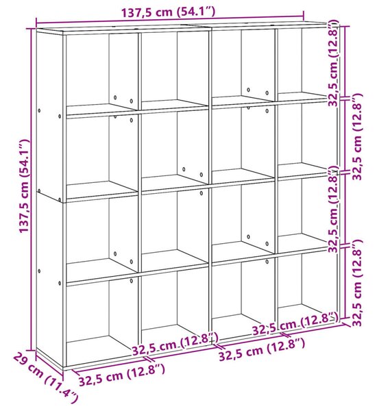 VidaXL Fa Könyvespolc - 16 Rekesz - Sonoma Szürke - 137,5x29x137,5 cm