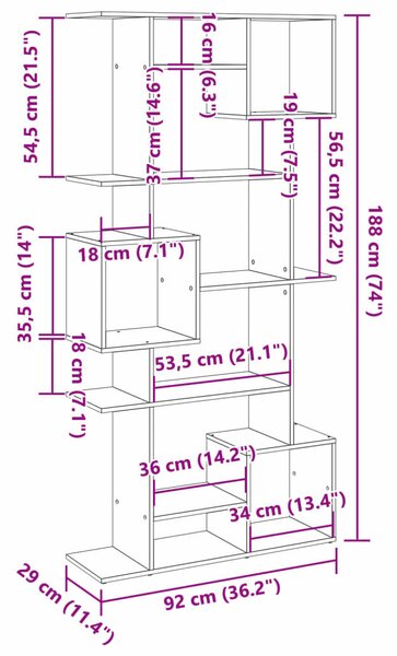 VidaXL Modern Polcrendszer - 9 Rekesz - Betonszürke - 92x29x188cm
