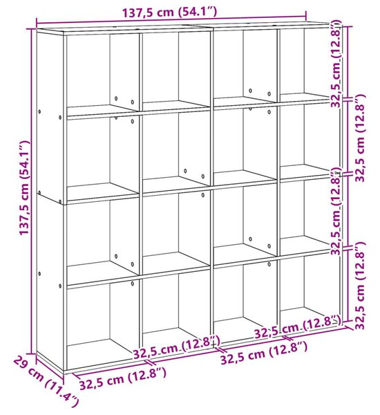 VidaXL Antik Fa Könyvespolc - 16 Rekeszes - 137,5x29x137,5cm