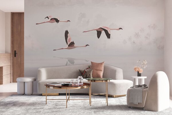 Fotótapéta Flamingók csoportja repül a víz felett, Modern fotótapéta, Modern fotótapéta, u97457 - Muralas.hu
