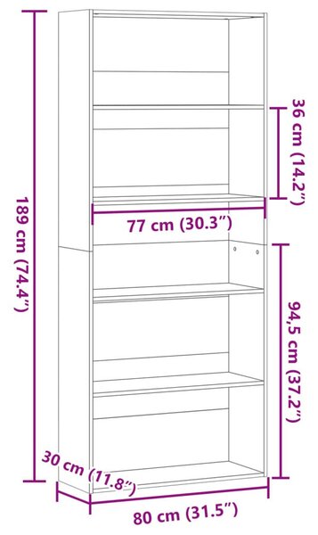 VidaXL Fehér Fa Könyvespolc - 5 Polc - 80x30x189 cm