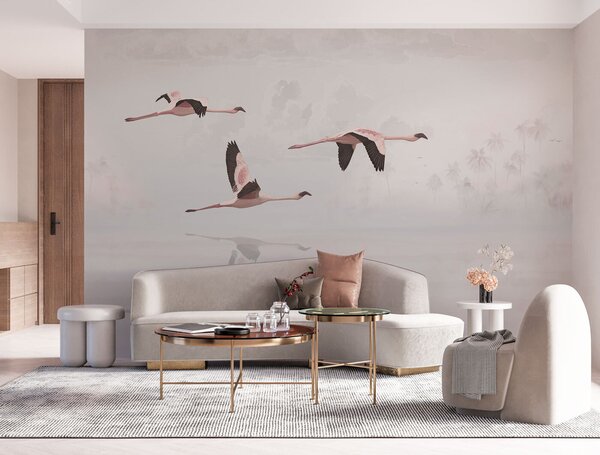 Fotótapéta Flamingók csoportja repül a víz felett, Modern fotótapéta, Modern fotótapéta, u97457 - Muralas.hu