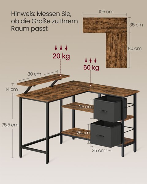 VASAGLE L-alakú sarok íróasztal monitorállvánnyal és 2 fiókkal rusztikus barna