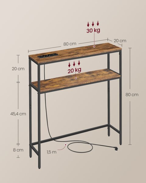 VASAGLE konzolasztal töltőállomással 2 polccal vintage barna/tintafekete 20 x 80 x 80 cm