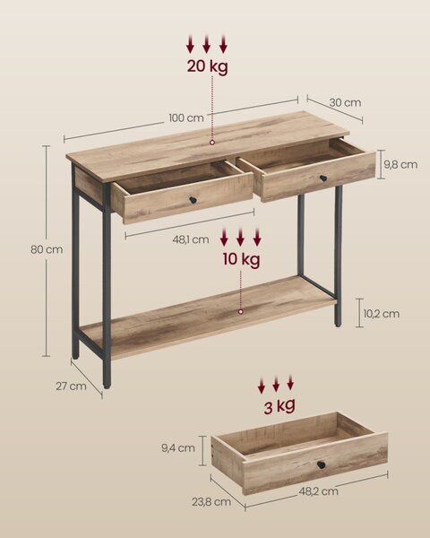 VASAGLE LNT015W01 konzolasztal 2 fiókkal acél vázzal tevebarna-fekete ipari design