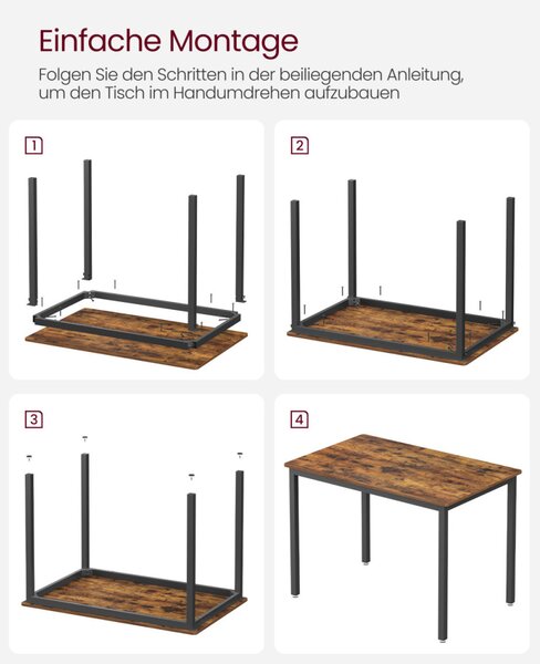 VASAGLE KDT081B01 étkezőasztal 4 személyes acél forgácslap rusztikus barna fekete