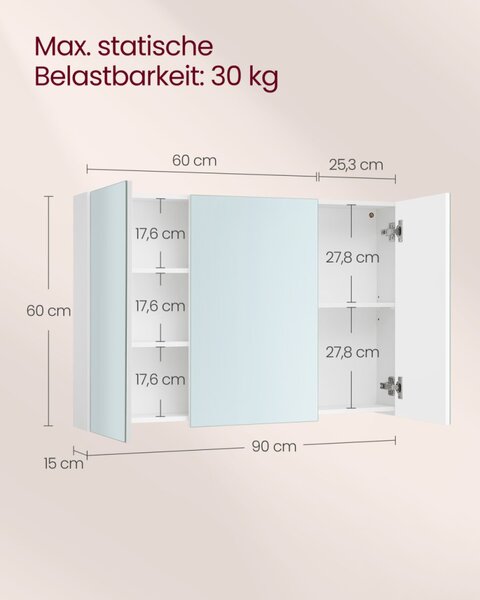 VASAGLE BBK032W01 fürdőszobai tükrös szekrény 3 ajtóval fehér 90 x 60 x 15 cm