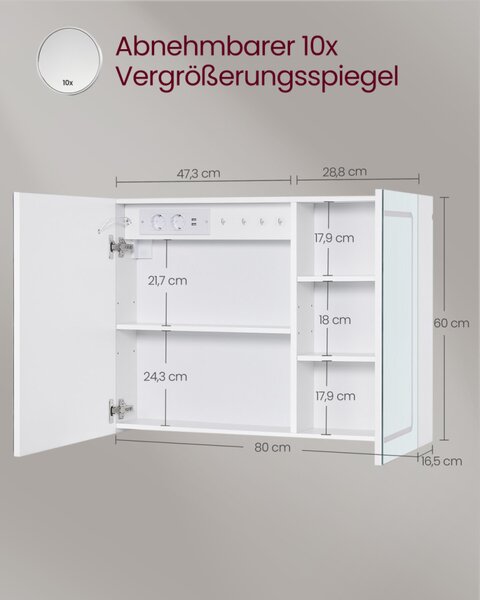 VASAGLE KAILYN BBK134W01 fürdőszobai tükrös szekrény LED világítással fehér