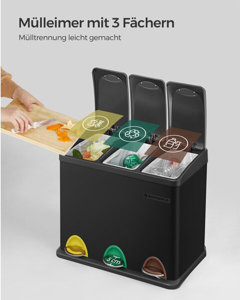 SONGMICS 3 rekeszes szelektív hulladékgyűjtő pedálos szemetes acél fekete 24 literes