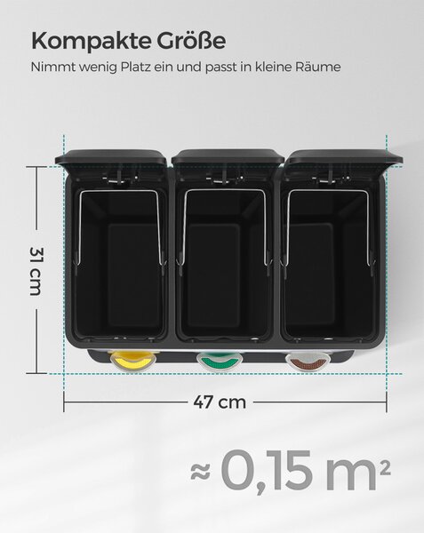 SONGMICS 3 rekeszes szelektív hulladékgyűjtő pedálos szemetes acél fekete 24 literes