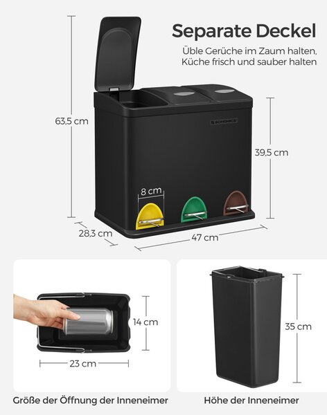 SONGMICS 3 rekeszes szelektív hulladékgyűjtő pedálos szemetes acél fekete 24 literes