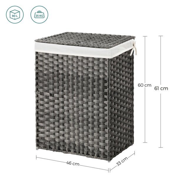 SONGMICS Kézzel Font Rattan Hatású Szennyestartó Kosár Fedéllel Szürke