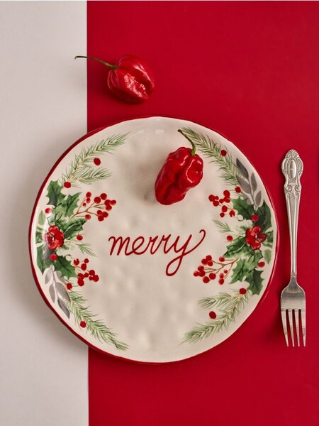 Sinsay - Karácsonyi kerámia tányér “Merry” felirattal - fehér