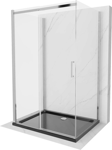 Mexen Omega, 3 falas zuhanykabin tolóajtóval 100 (ajtó) x 100 (fal) x 190 cm, 8mm átlátszó üveg, króm profil + fekete SLIM zuhanytálca, 825-100-100-01-00-3S-4070