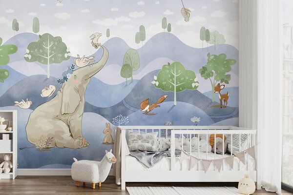 Fotótapéta Egy elefánt és nyulak az erdőben, Gyerekszoba fotótapéta, Népszerű fotótapéta, u98695v1 - Tapeko.hu