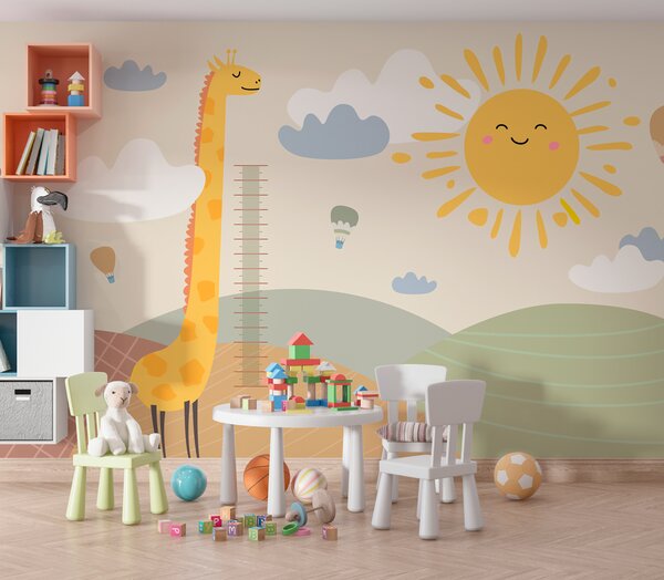 Fotótapéta Egy zsiráf áll egy mezőn a nap és a felhőkkel, Gyerekszoba fotótapéta, Népszerű fotótapéta, u98954 - Tapeko.hu