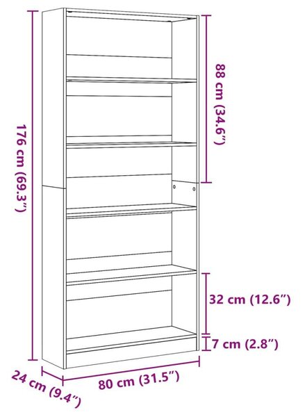 VidaXL könyvespolc 80 x 24 x 176 cm, antik fa színű szerelt fa