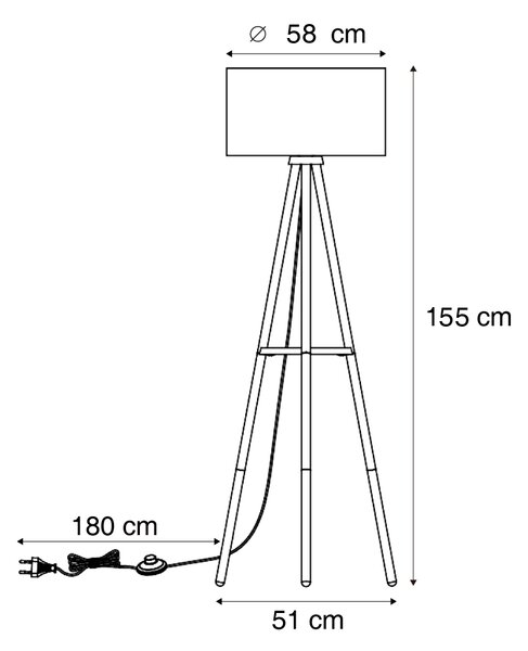 Háromlábú fa állólámpa csíkos bézs és barna színű 50 cm-es lámpabúrával - Lou