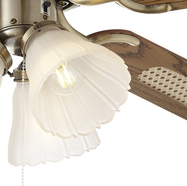 Sárgaréz mennyezeti ventilátor fa mintával és rattan 105cm húzókapcsolóval - Mistral Lia