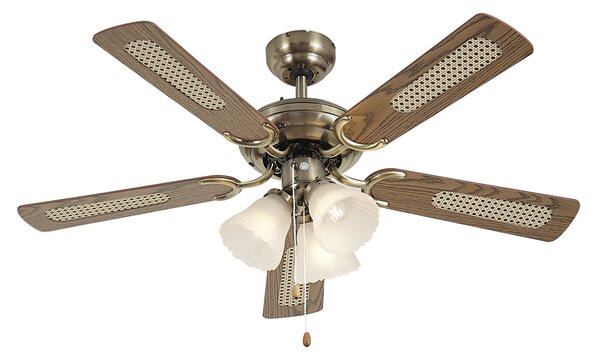 Sárgaréz mennyezeti ventilátor fa mintával és rattan 105cm húzókapcsolóval - Mistral Lia