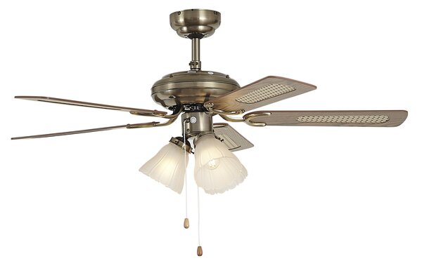 Sárgaréz mennyezeti ventilátor fa mintával és rattan 105cm húzókapcsolóval - Mistral Lia