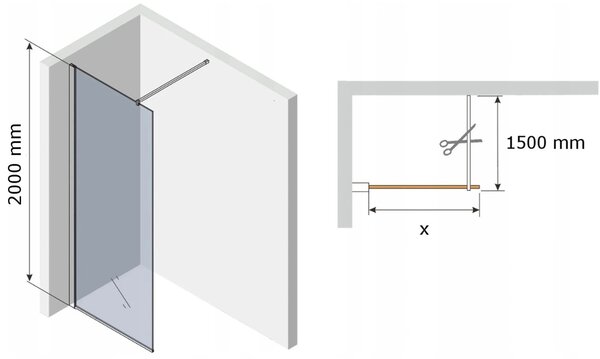 Mexen Kioto zuhanyparaván WALK-IN 8mm, 30x200 cm, fekete keret, 800-030-000-00-70