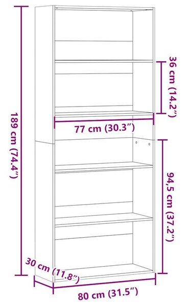 VidaXL Sonoma Tölgy Könyvespolc - 5 Polc - 80x30x189 cm